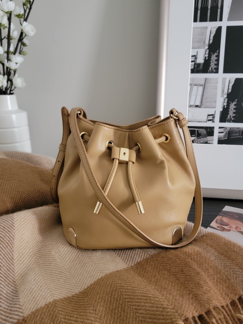 Vince Camuto Genuine Leather Tan Bucket Crossbody Bag